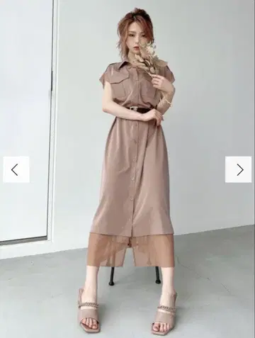 리젝시 베이지 브라운 튤 벨트 롱 원피스 셔츠