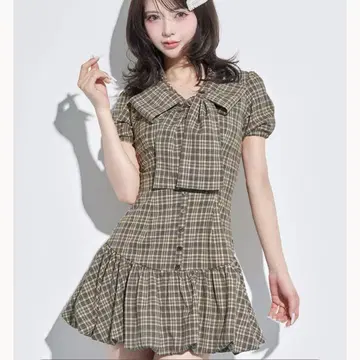 Darich 다리치 빅 리본 벌룬 체크 미니 원피스