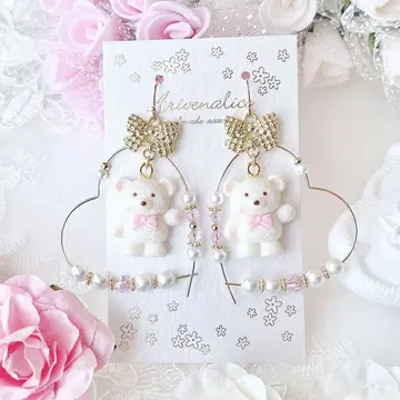 쿠키 흰 곰 하트 후프 귀걸이/귀찌