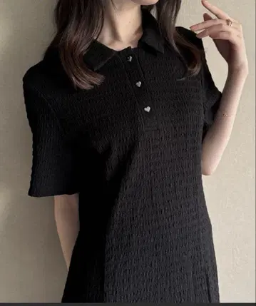 주노아 하트 버튼 스트레치 자카드 폴로 원피스 블랙 S 사이즈
