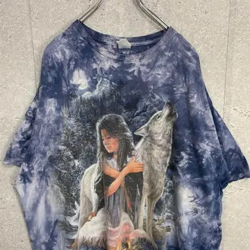 GILDAN 울프 늑대 풍경 프린트 애니멀 타이다이 티셔츠 2XL