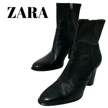 새상품급 ZARA (22.5) 리얼 가죽 하이힐 앵클부츠 블랙