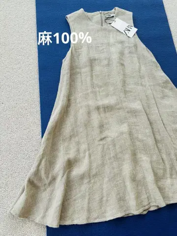ZARA 린넨 슬리브리스 플레어 원피스 베이지