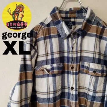 USA 구제 의류 george 플란넬 셔츠 XL 화이트 브라운 블루 체크