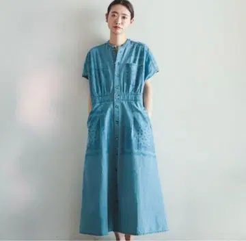 필데페르 프린트 블리치 데님 스탠드넥 원피스