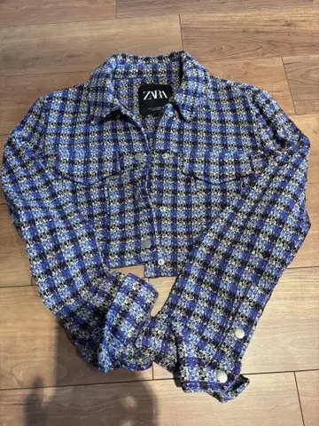 ZARA 크롭 자켓 청자주 체크 S