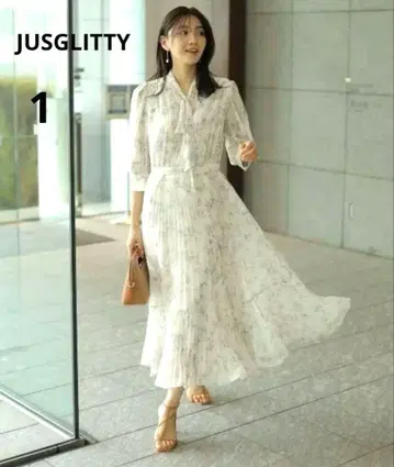 [새상품] JUSGLITTY 저스길리티 7부 소매 보타이 플리츠 원피스
