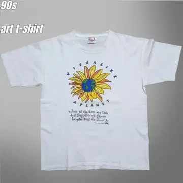 90s TUT 지구 해바라기 아트 메시지 티셔츠 화이트 XL