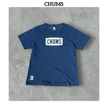 CHUMS 참스 박스 로고 네이비 나염 인디고 반팔 티셔츠 S