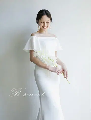 B'sweet 오프숄 웨딩 드레스 플레어 소매 머메이드 화이트 M