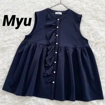 뮤 페플럼 베스트 블라우스 F 슬리브리스 펄 프릴 네이비