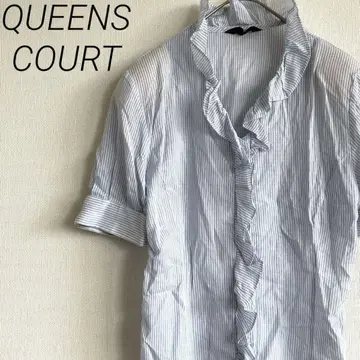 QUEENS COURT 셔츠 블라우스 V넥 스트라이프 프릴 얇은 소재