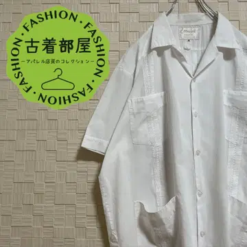 80s Raugo 쿠바 셔츠 오픈 카라 화이트 브로드 4포켓 턴백