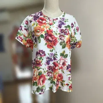 핸드메이드 꽃무늬 코튼 반팔 셔츠 플라켓 슬릿 뒤 기장 길게
