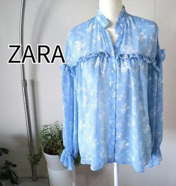 ZARA 자라 시어 쉬폰 블라우스 플라워 프린트 스카이블루