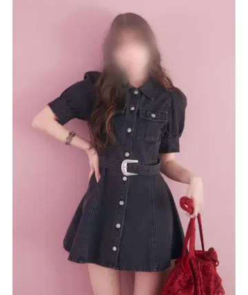 다크 데님 반팔 미니 원피스