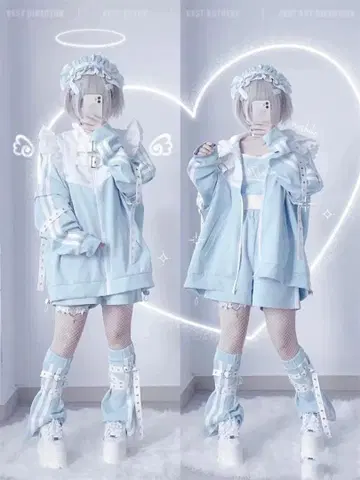 초인기 셋업 천사계 패션 파스텔 블루 저지 양산형 y3k