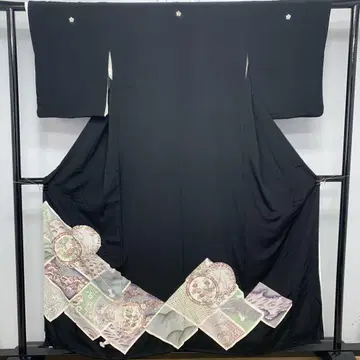 C49 순수 실크 블랙 전통 예복 기모노 화려한 문양 은사 기모노