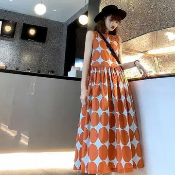 오렌지 & 화이트 도트 무늬 슬리브리스 원피스, 종아리 기장 코튼 원피스