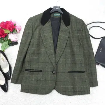 G6626*Vintage 체크 무늬 울 테일러드 자켓 카키