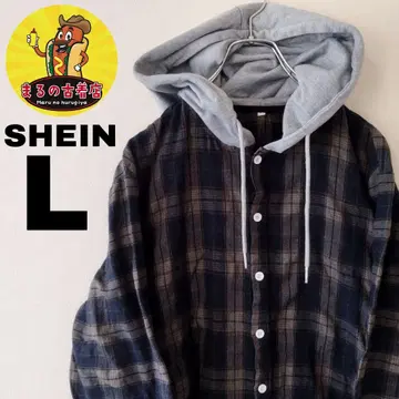 USA 구제 의류 SHEIN 플란넬 셔츠 후드티 L 네이비 브라운 체크