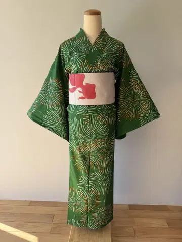 새 상품 유카타와 오비 세트 녹색 불꽃놀이