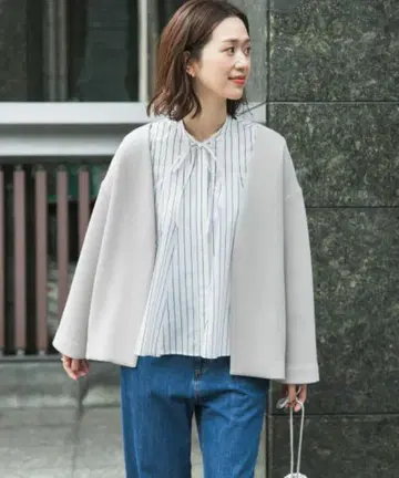 골판지 니트 노카라 재킷