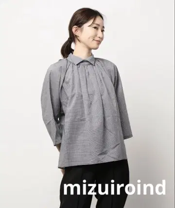 mizuiroind 깅엄 체크 하이넥 개더 풀오버