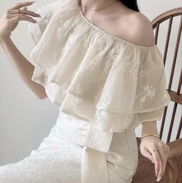 오프숄더 프릴 시어 자수 블라우스