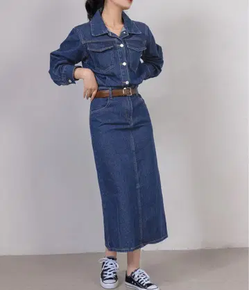 여성용 긴팔 백 슬릿 롱 데님 원피스