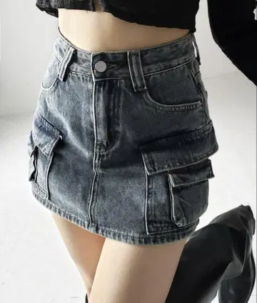 me+em select 더블 포켓 빈티지 카고 데님 미니 치마바지
