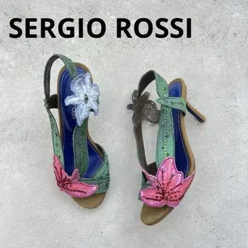 SERGIO ROSSI 꽃 자수 그린 컬러 하이힐 샌들