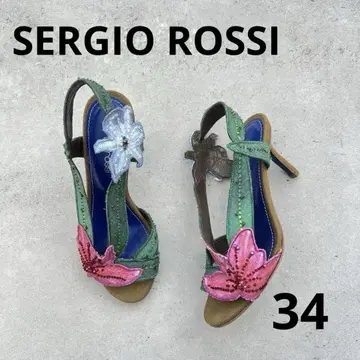SERGIO ROSSI 꽃 자수 그린 컬러 하이힐 샌들