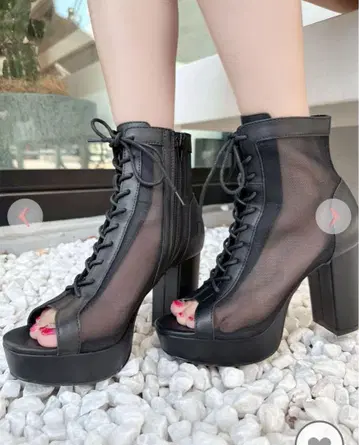 메쉬 오픈토 부츠 블랙 9.3-9.4cm 힐