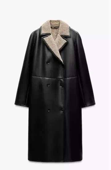 ZW COLLECTION 더블 페이스 롱 코트 가죽 보아 블랙