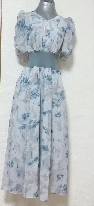 overE 플라워 쉬폰 허리 리브 원피스 블루 U65