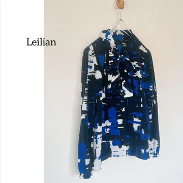 Leilian 레리안 올 패턴 보타이 블라우스 긴팔 로얄 블루