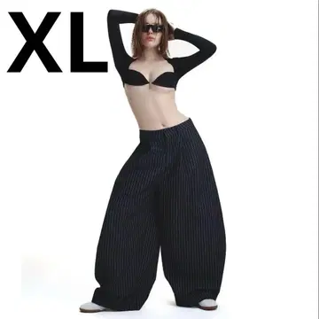XL 사이즈 PUSH PUSH 와이드 팬츠 블랙 스트라이프 데님