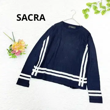 SACRA 캐시미어 혼방 라운드넥 긴팔 니트 화이트 라인 M 다크 네이비