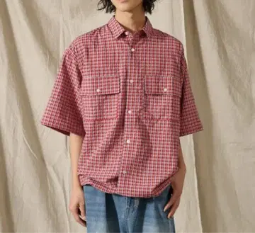 WETTEMPT 시어서커 체크 벌룬 반팔 셔츠