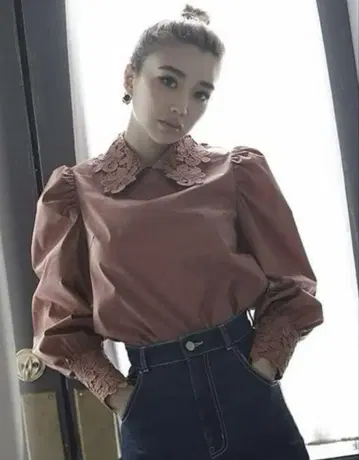 eimy istoire 에이미 이스트와르 레이스 칼라 블라우스 오렌지
