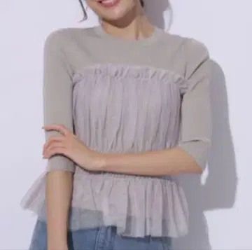 5부 소매 튤 콤비 베어 니트 핑크 베이지