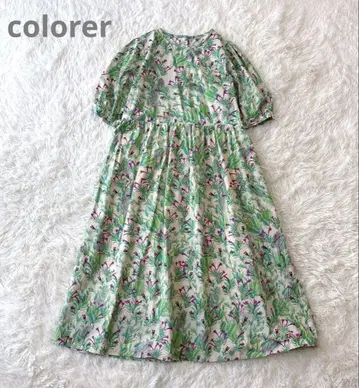 colorer 보태니컬 무늬 롱 개더 원피스 FREE 그린