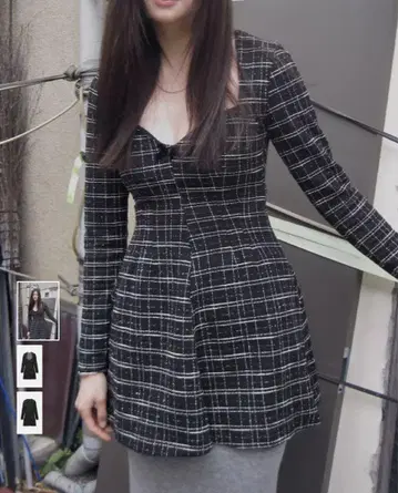 새상품 ZARA 블랙 & 화이트 체크 무늬 긴팔 미니 원피스