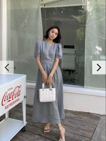 미사용 버스데이 배쉬 퍼프 슬리브 BC 린넨 리본 DRESS