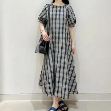 새상품급 그린 라벨 도비 체크 컨셔스 원피스 퍼프 슬리브