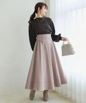 MAJESTIC LEGON 스티치 플레어 하이웨스트 스커트 모카