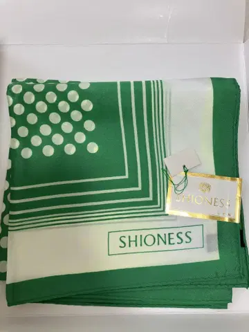 SHIONESS 실크 스카프 그린 도트 스트라이프 미사용