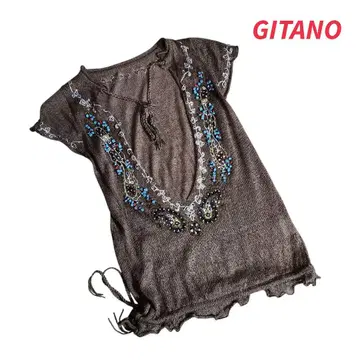 에스닉 코어 Gitano 린넨&레이온 비즈 장식 반팔 니트 68924