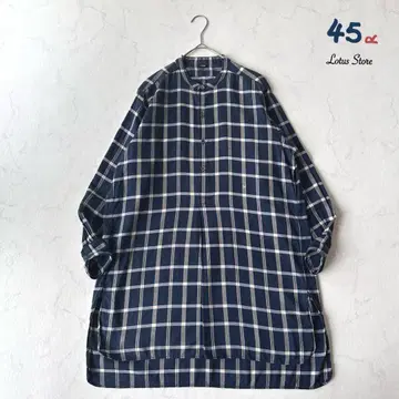 45R 45RPM 네이비 체크 노카라 가을 튜닉 롱 셔츠